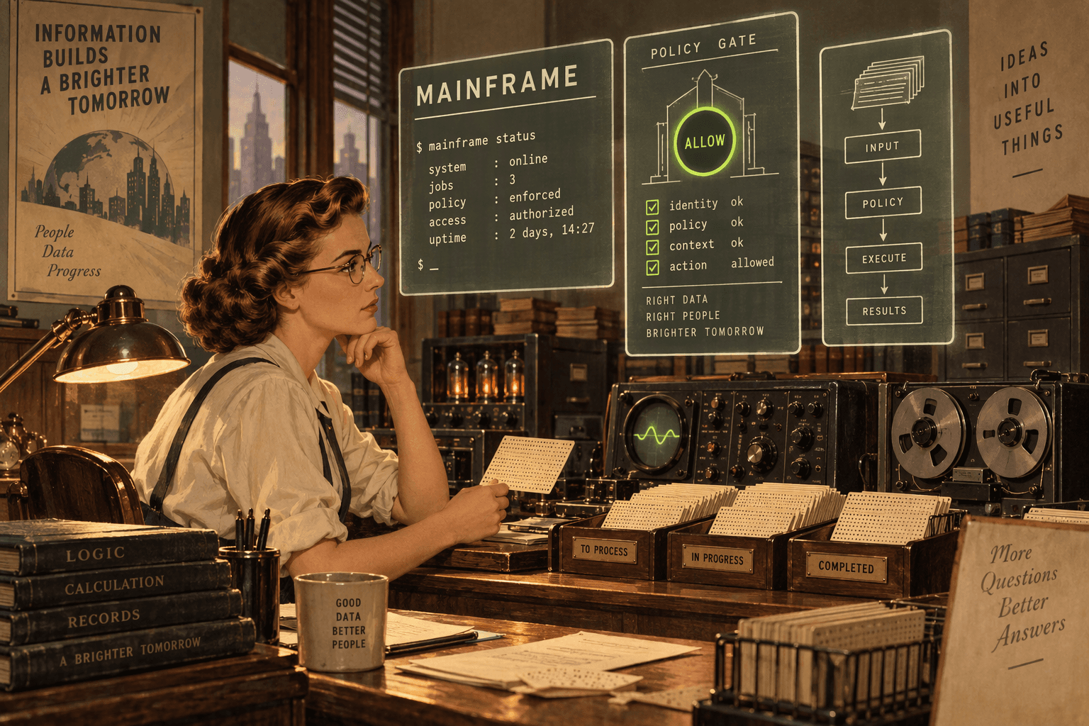 A retro computing illustration of MAINFRAME’s input, policy and execution workflow.
