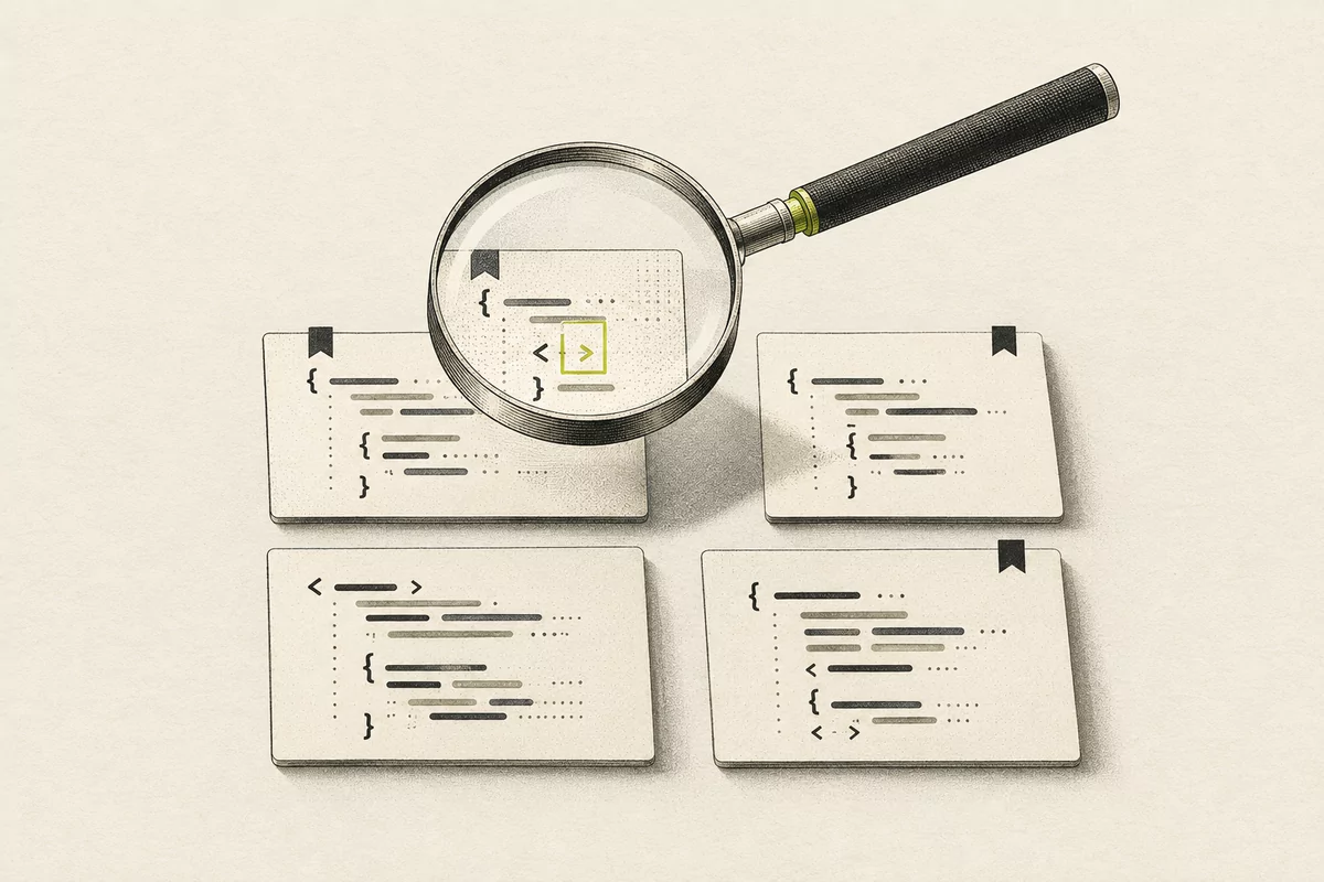 A magnifying glass reveals a highlighted mismatch on one of four abstract code-review cards.