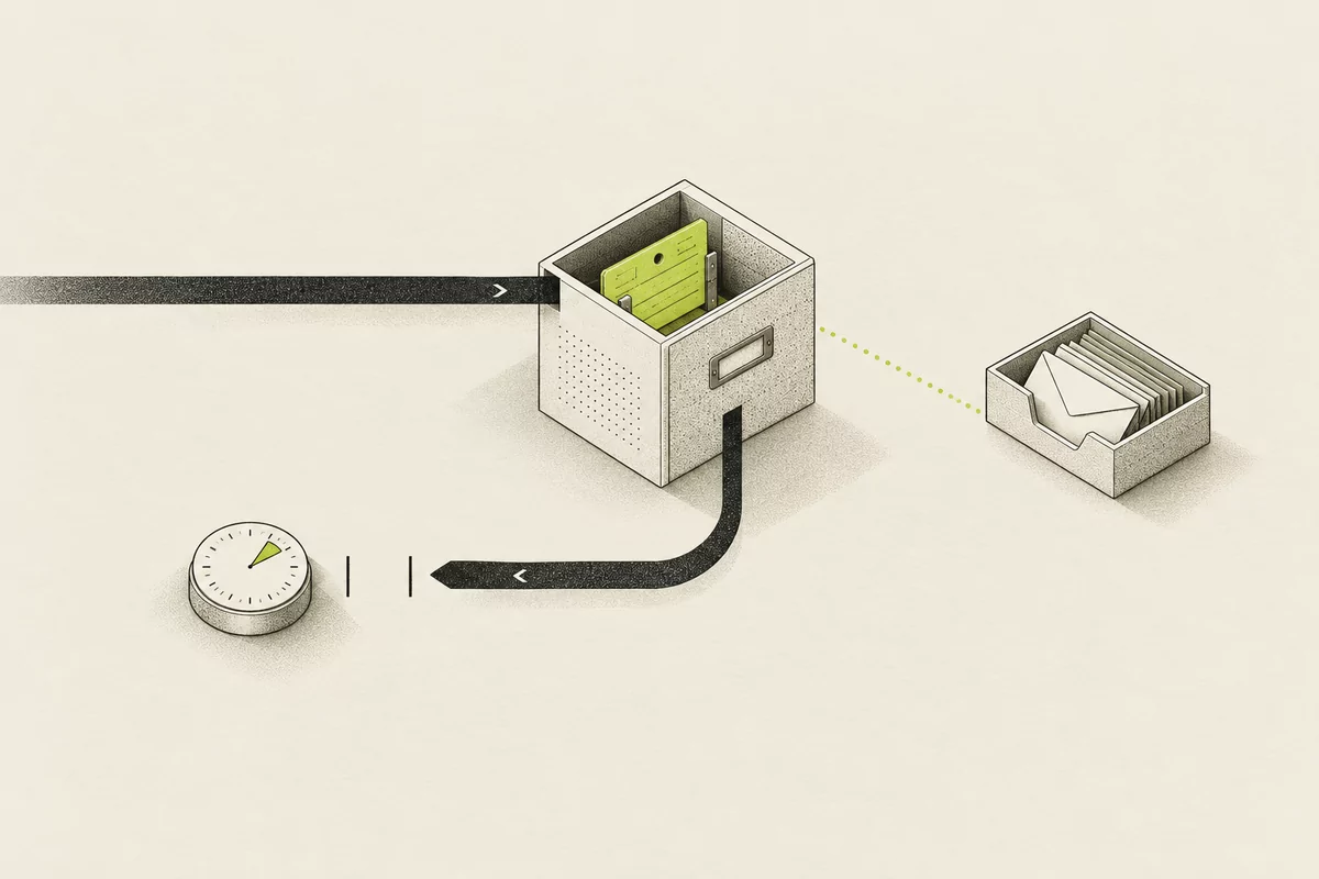 A lime record is stored in an archive box while its return path breaks before a waiting clock; a separate tray holds notifications.