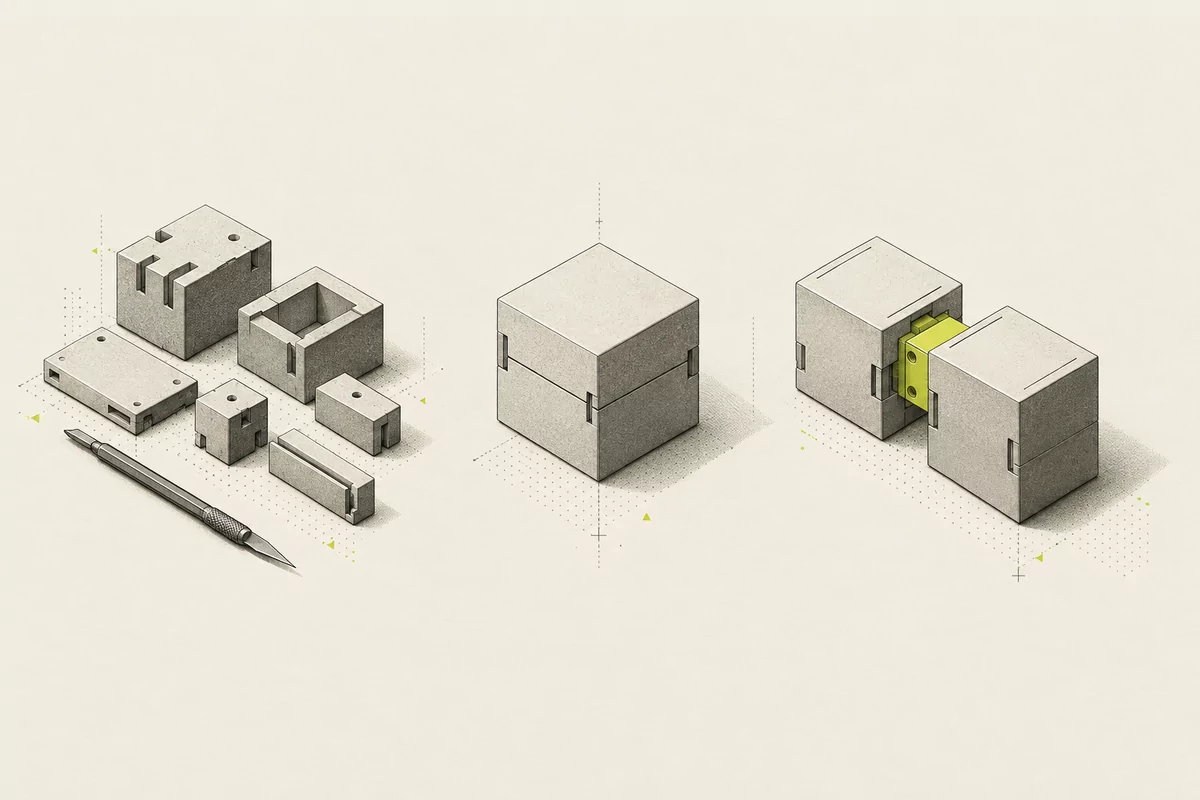 Unassembled blocks, a finished module and two existing modules joined by a lime connector illustrate three software choices.