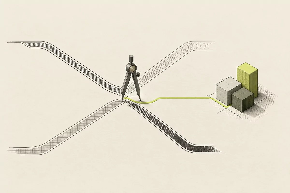 A drafting compass at the meeting point of four paths directs a lime-colored line toward three modular blocks.