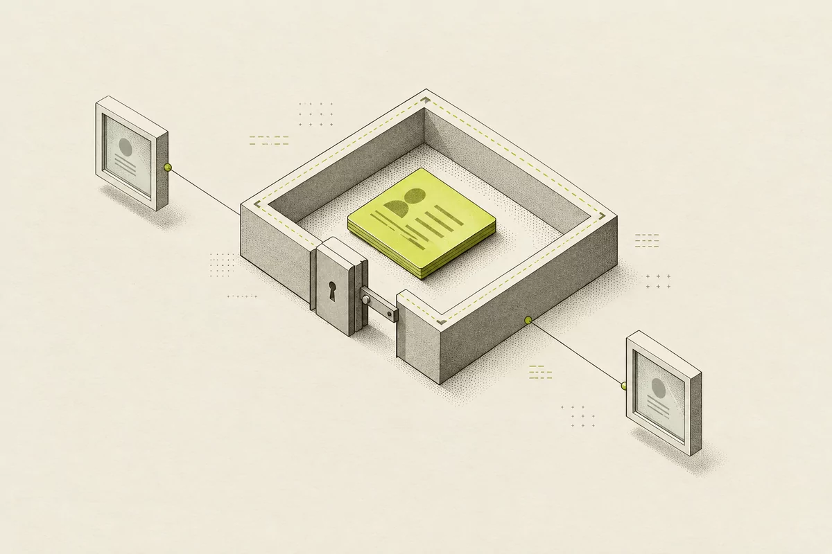 A lime record sits inside a defined boundary, with a keyed gate and two observation windows outside it.