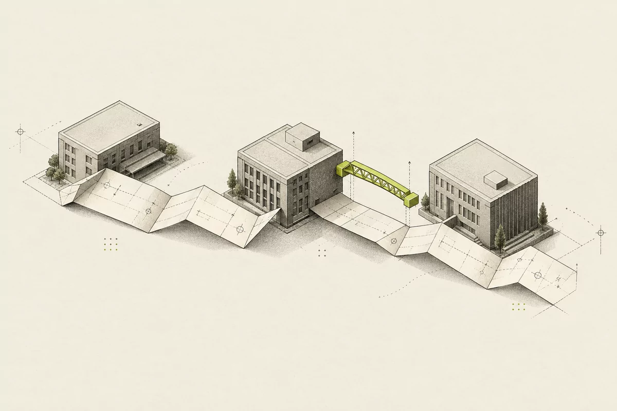 A folded drafting plan links existing buildings, with a small removable lime bridge representing one bounded software change.